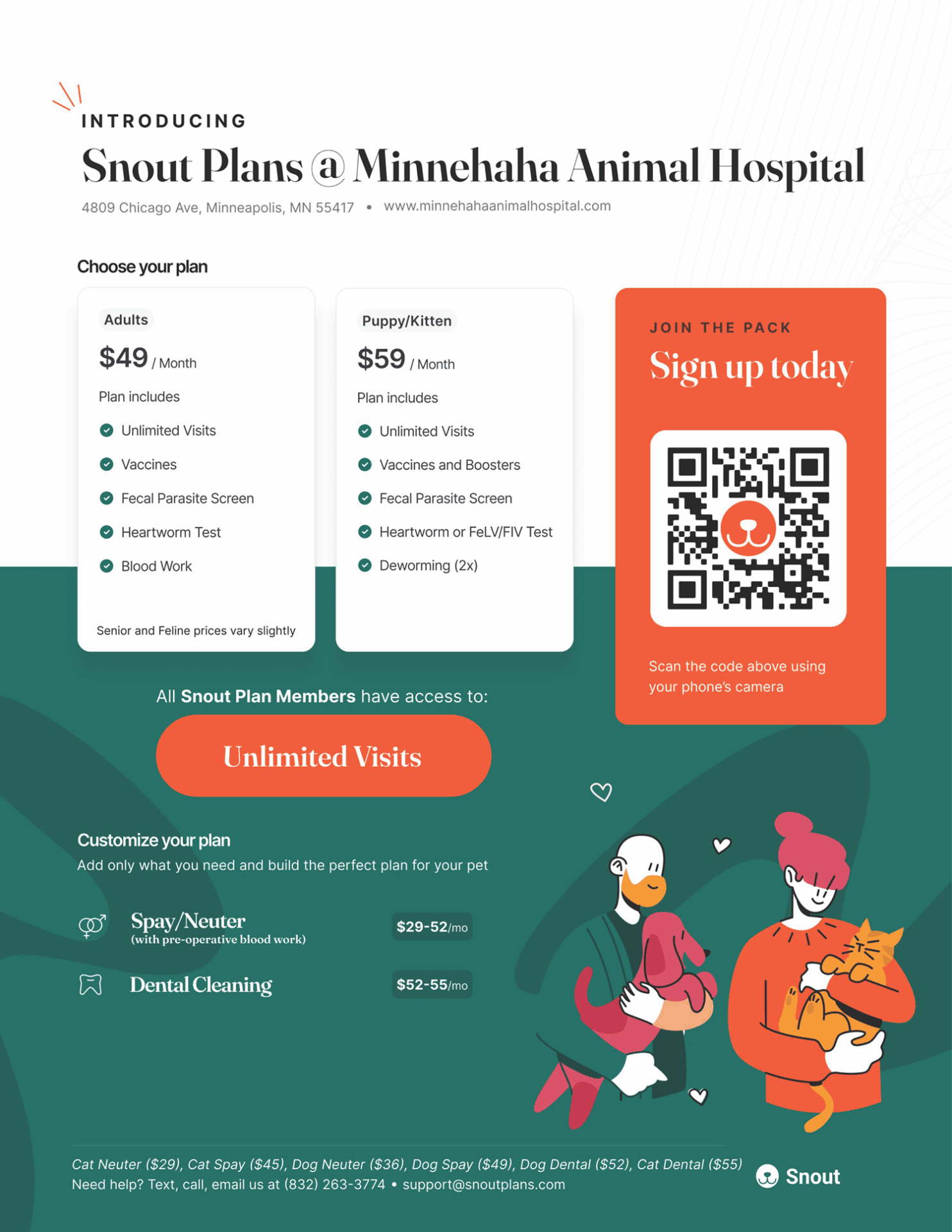 Informational flyer for Snout Plans at Minnehaha Animal Hospital, detailing membership prices and benefits, with a QR code for joining and illustrated people with pets.
